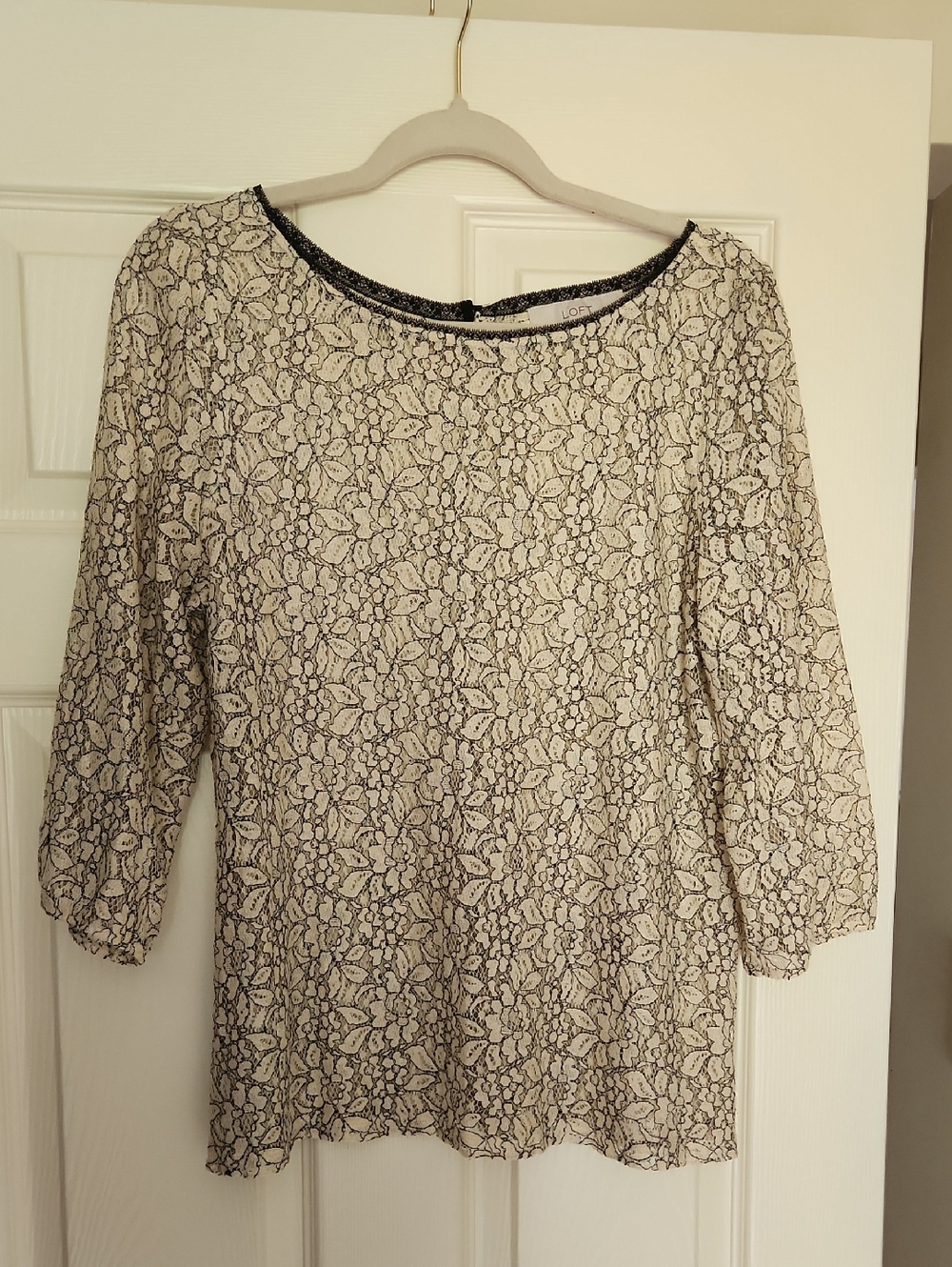 LOFT Cream and Black Floral Lace Long Sleeve Top